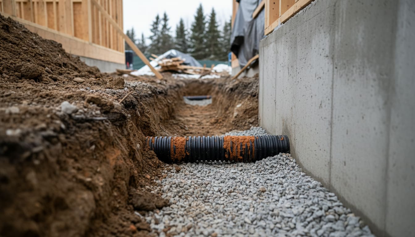 Drain de fondation excavé : tuyau perforé et gravier le long de la semelle, avec sédiments d'ocre ferreux visibles
